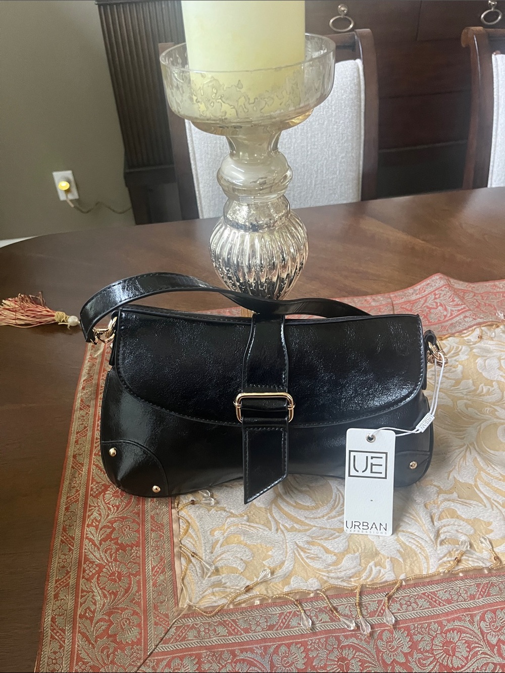 Classic Black Shoulder Bag with Gold Accents